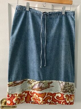 Denim Skirt with Vintage Fabric Detail - Size M - Authentic